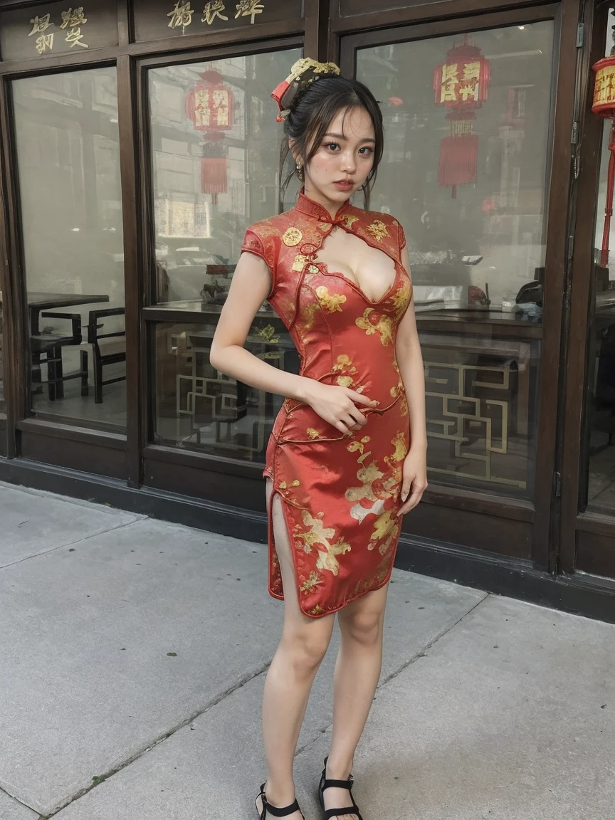 ((masterpiece、highest quality、8K))、Alone、(Standing pose)、high school girl、((red Cheongsam,twin bun,sandal,standing:1.8))、Sexy、((Medium Perm Hair、Toned body、Medium size breasts、((Cleavage:1.5))、((Big and beautifully shaped butt、Waistline))、Beautiful thighs、((Panties with detailed lace))