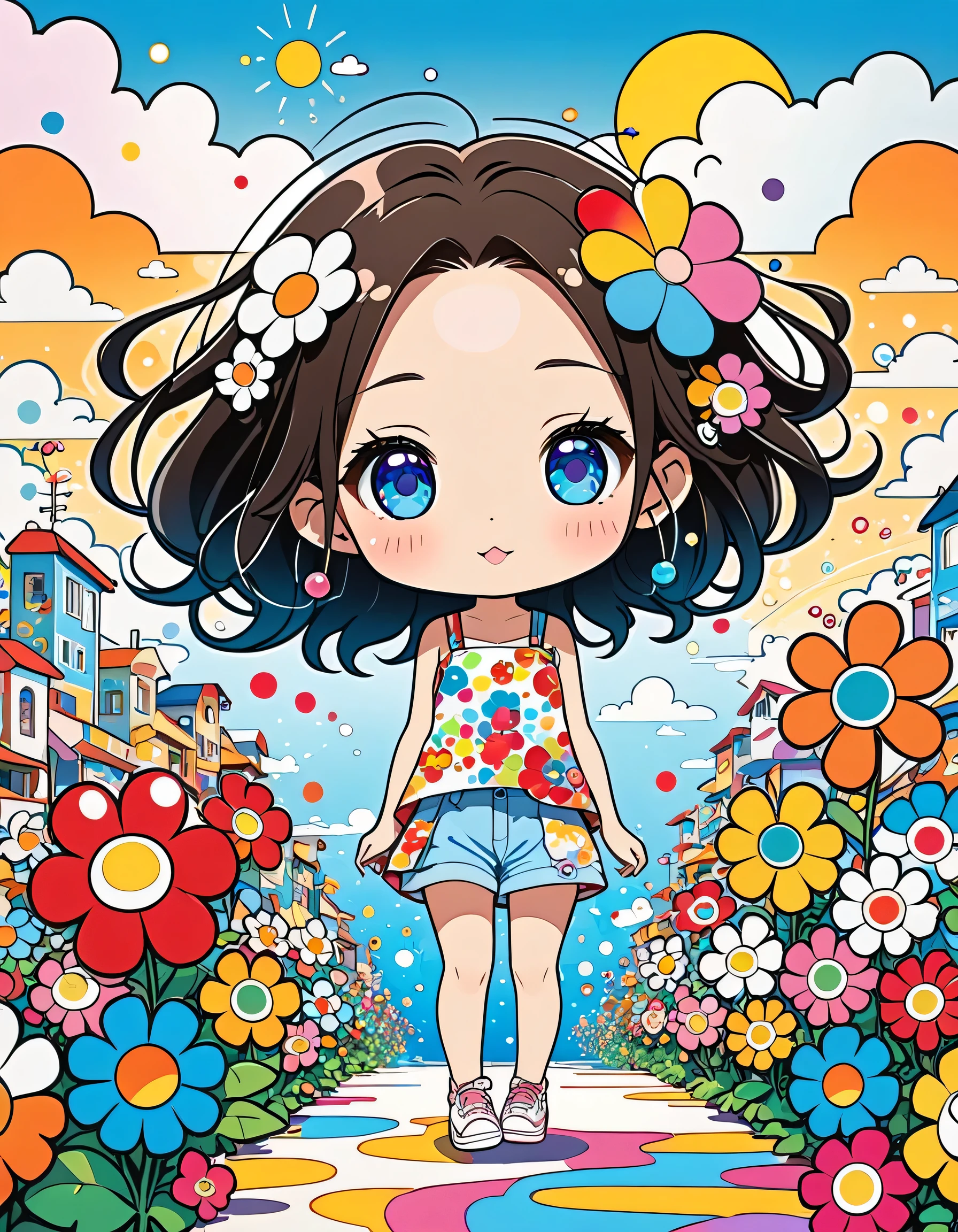 Takashi Murakami style, ,kawaii design, Simple Line Initialism,Abstract art, (((The most beautiful girl))), (((chibi))), summer vacation、Urban Background, colorful flowers, Dreams and Hopes