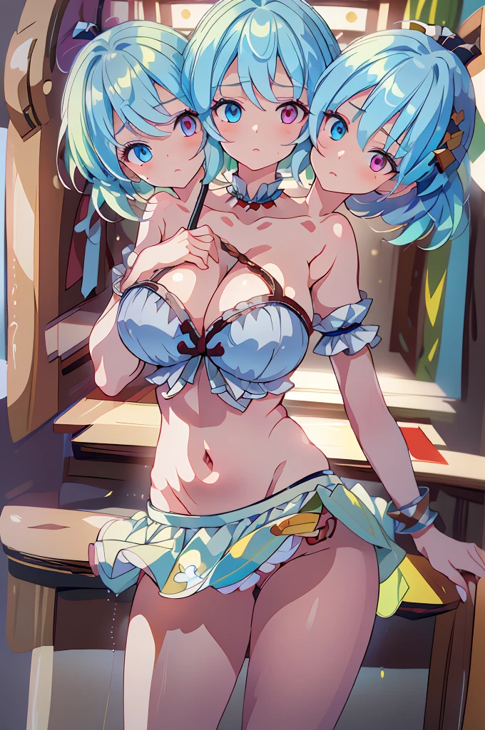 (masterpiece, best quality), best quality, (ultra-detailed), (3heads:1.5), 1girl, (kogasa tatara:1.3), masterpiece, best quality, ultra quality, ultra resolution, ultra detail, blue-green top, crop top, ((stomach)), midriff, ((groin)), light blue skirt, normal ears, shackles, grey hair, very long hair, wavy hair, sidelocks, one turquoise eye and one red eye, heterochromia, very detailed eyes, parted lips, sweat, cute, toned belly, hand on own chest, eyelashes, (24 year old woman:1.3), (masterpiece:1.5), (best quality:1.5), (beautiful detailed), extremely detailed CG, extremely delicate and beautiful, depth of field, (finely detailed face), (perfect details:1.3), (mature female:1.3), wide pelvis, slender, large veiny breast, 16k resolution, highres, high quality, high definition, extremely detailed, masterpiece, grey hair, long hair, alluring presence, braid, short skirt, close up, very big tits, huge tits, young,