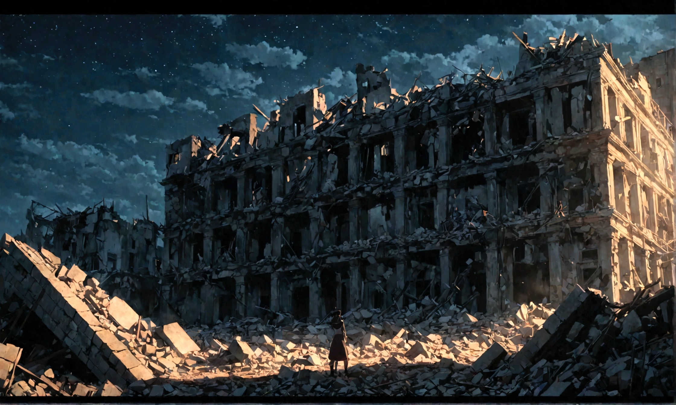 a hand emerging from the rubble of a building, estilo anime, Ruined buildings background image, noite escura, alta qualidade, cinematographic, 4k, Epic scene, memorable scene, obra de arte, incrivelmente detalhado