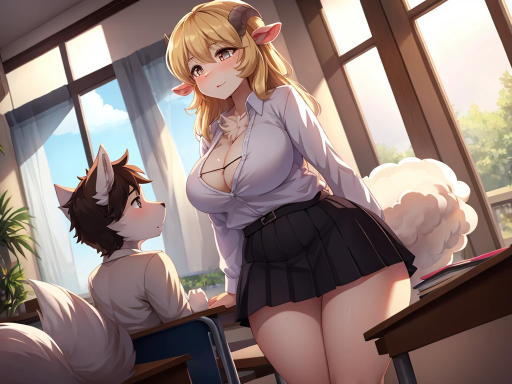 Hallucination, daydream , Fear , Fantastic , bokeh , hairy fur , tight fit skirt , white blouse , (mature wolf woman teacher) and (Fluffy Sheep boy student:1.3) , blondy , (flat chest) , Panty stocking , Seducer , Show secretly , school , Base of the tail , see-through , Maternal love , I can not stand it any longer , Short stature