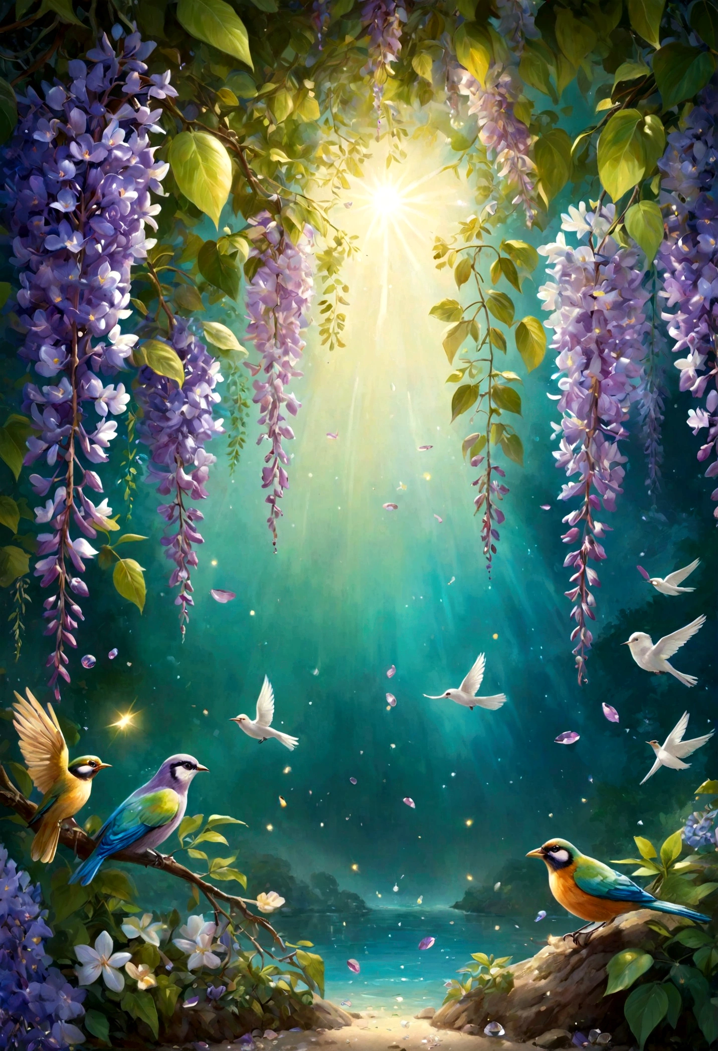 background is green-blue, everything is represented by jewels, spring arrival, various beautiful wisteria flowers, beautiful rainbow birds, beautiful birds
, angle looking up from below, various jewels falling from the sky, stunningly beautiful spectacular view, slightly hazy, wonderful, high res, 8k, (best quality, high res, realistic:1.37), glossy metallic flowers, intricate and delicate petals, reflective surfaces, vivid colors, intricate details, Close-up view, Surrealistic garden, Surrealistic beauty, Dreamlike atmosphere, Artwork, Abstract plants, Metallic sculpture, Contrasting textures, Ethereal glow