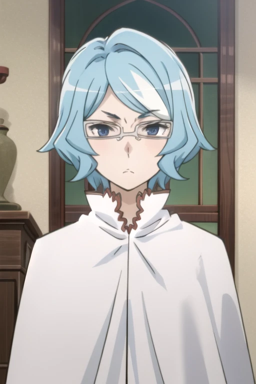tall body, tall, long legs, mature female, mature, adult, eft_danmachi_blue, glasses, 1girl, female focus, solo, upper body, looking at viewer, frown, blue hair, blue eyes, grey hair, parody, short hair, white cape, closed mouth, expressionless, anime coloring