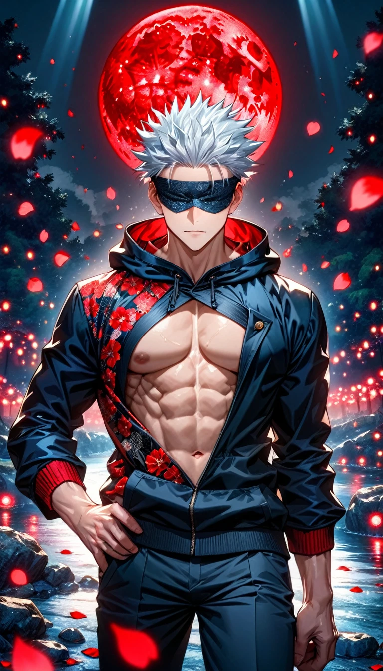 Ultra detailed, Highres, absurdres, HDR, Gojo Satoru, white hair, blindfolded eyes, Jujutsu Kaisen, black clothes with patterns with a hoodie, sexy man, solo, red flowers, shining fireflies, handsome, petals, shining red lights, shining red moon, toned chest, extremely detailed face, master piece,