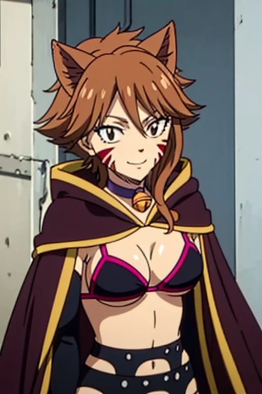 MILLIANNA, brown hair, brown hair, facial mark, whisker markings, cat ears, bikini, black bra, cape, hood, elbow gloves, striped thighhighs, collar (or choker), bell, lingerie, garter belt, boots, cat tail, 1girl, solo, facing viewer, looking at viewer, upper body, smile