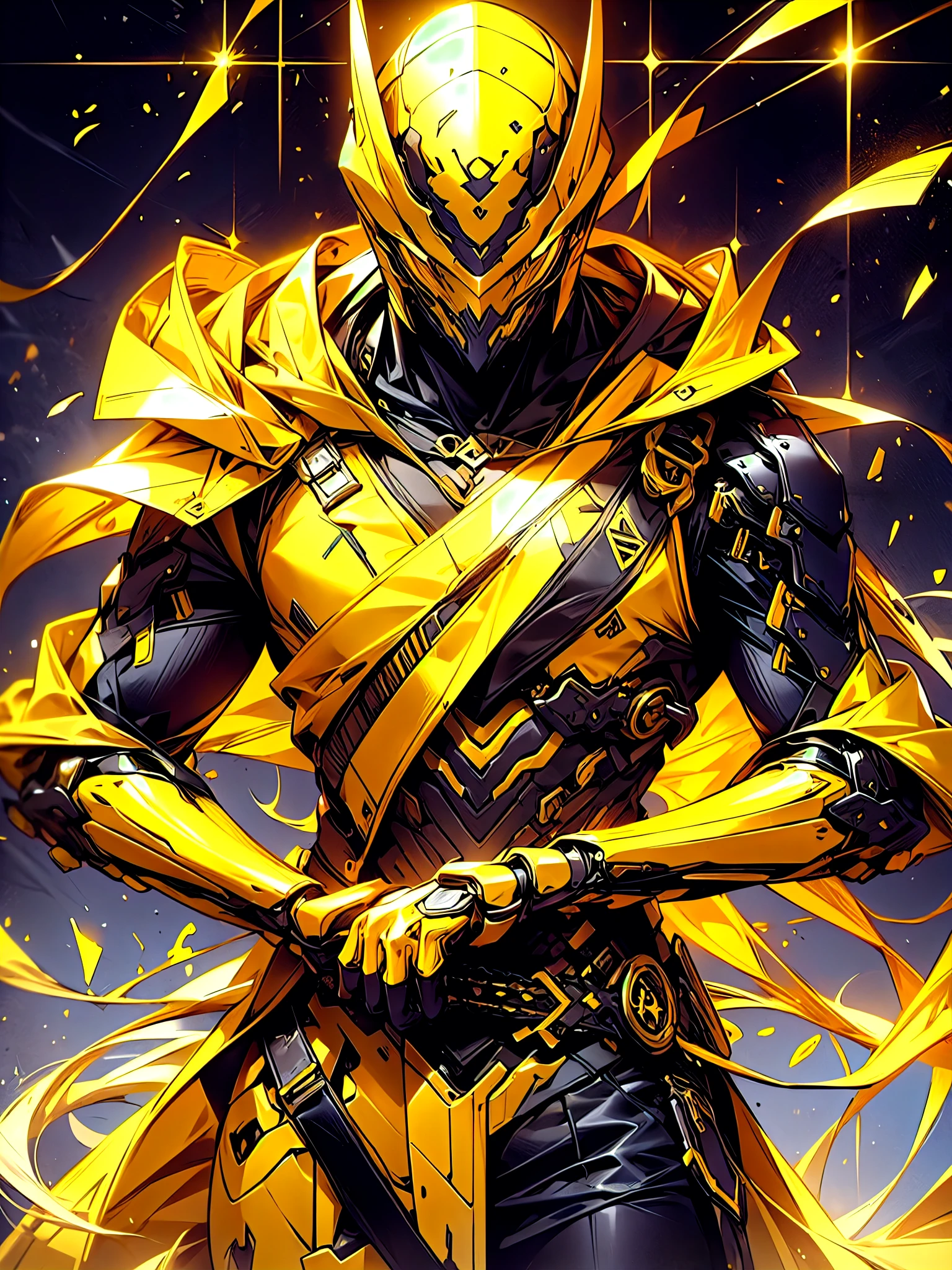 a man in a yellow jacket and yellow pants standing in dynamic fighting stance pose in a dark room, wearing cultist yellow robe, golden colour attire, character from mortal kombat, as a character in tekken, fighting game character, cyberpunk assassin, golden yellow hooded mage, cyberpunk outfits, golden yellow clothes, the yellow ninja, wearing leather assassin armor, an edgy  assassin, cool yellow jacket, cyberpunk street goon,