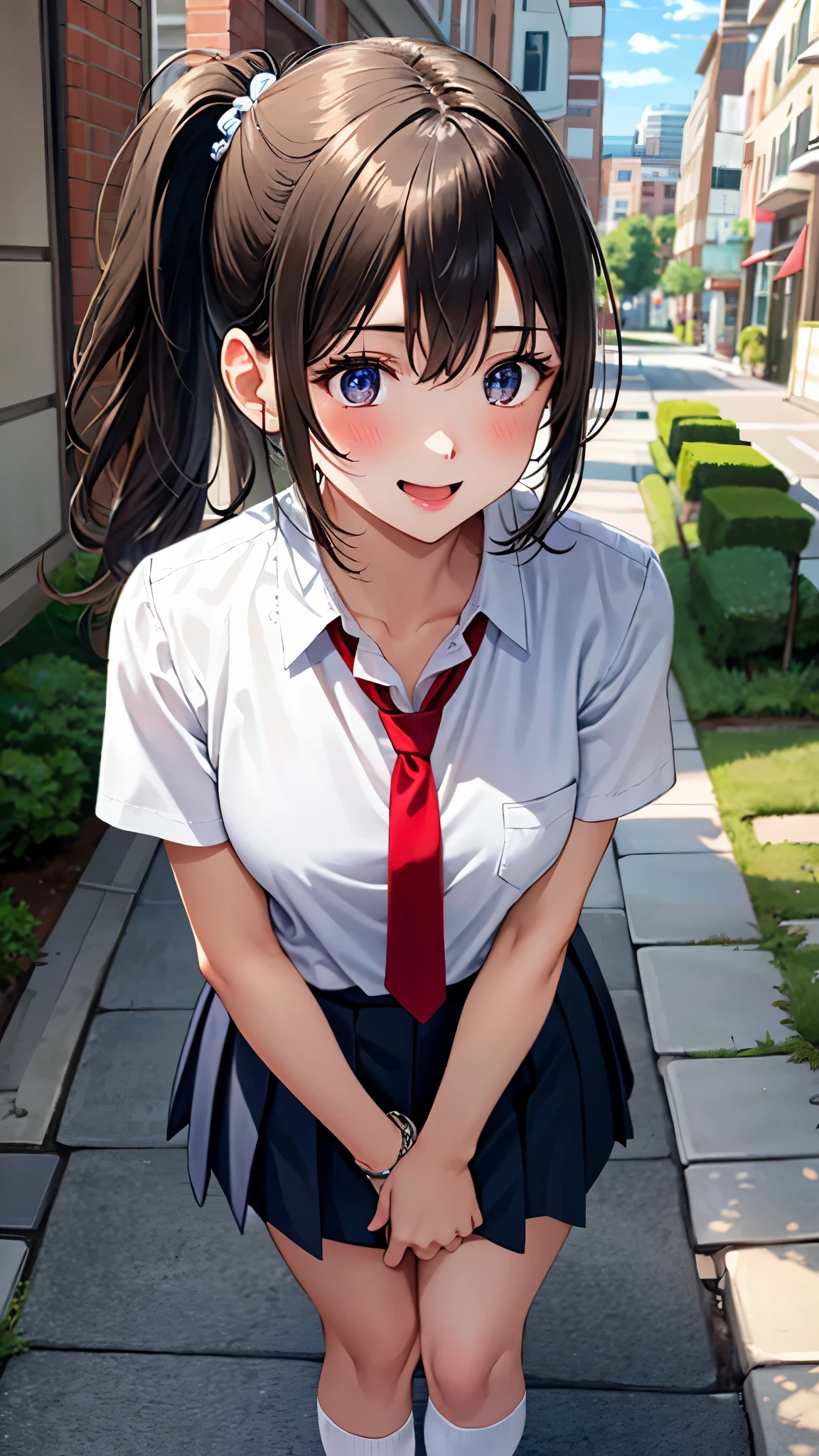masterpiece:1.2, best quality, perfect lighting, natural lighting, colorful, depth of fields, ,
beautiful detailed hair, beautiful detailed face, beautiful detailed eyes, beautiful clavicle, beautiful body, beautiful chest, beautiful thigh, beautiful legs, beautiful fingers, shiny skin,
looking at viewer, looking away, 1womanl, maturefemale:1.5, high school girl, (perfect anatomy, anatomically correct, super detailed skin), cute and symmetrical face, perfect face, perfect eyes,
(middle hair, side ponytail, brown hair), hair between eyes, blue eyes, big eyes, long eyelashes, (large breasts:0.7, seductive thighs), slender,
(detailed cloth texture), (short sleeve white collared shirt, navy pleated skirt, socks, red necktie), white panties,
(beautiful scenery), afternoon, (cityscape:1.2), standing, (cute smile, open mouth small),