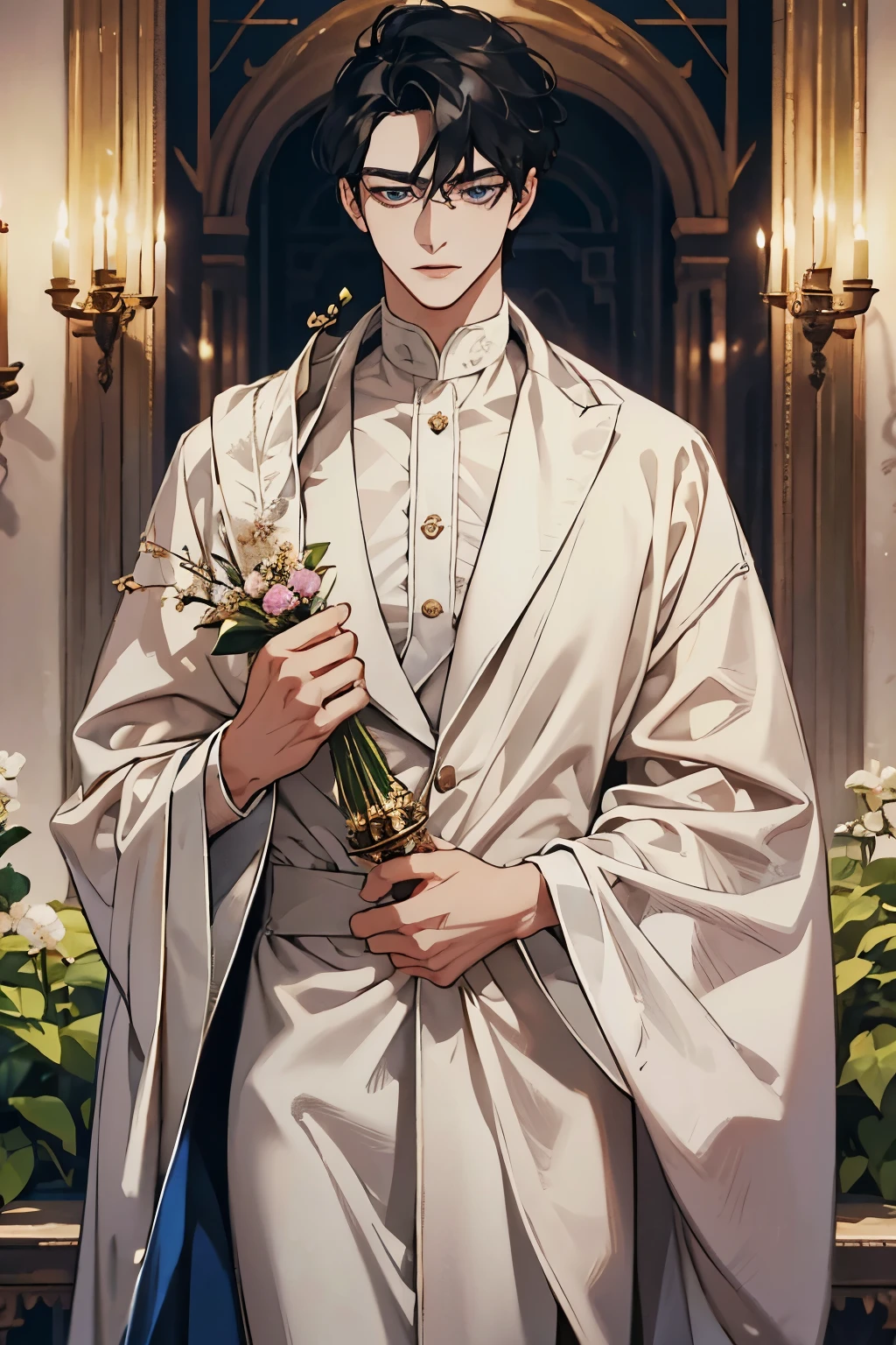 black hair, blue eyes, mole under eye, innocent, aristocratic, noble, prince, royalty, fancy clothes, naive, soft smile, short hair, royal clothes, garden, high definition, handsome, pretty