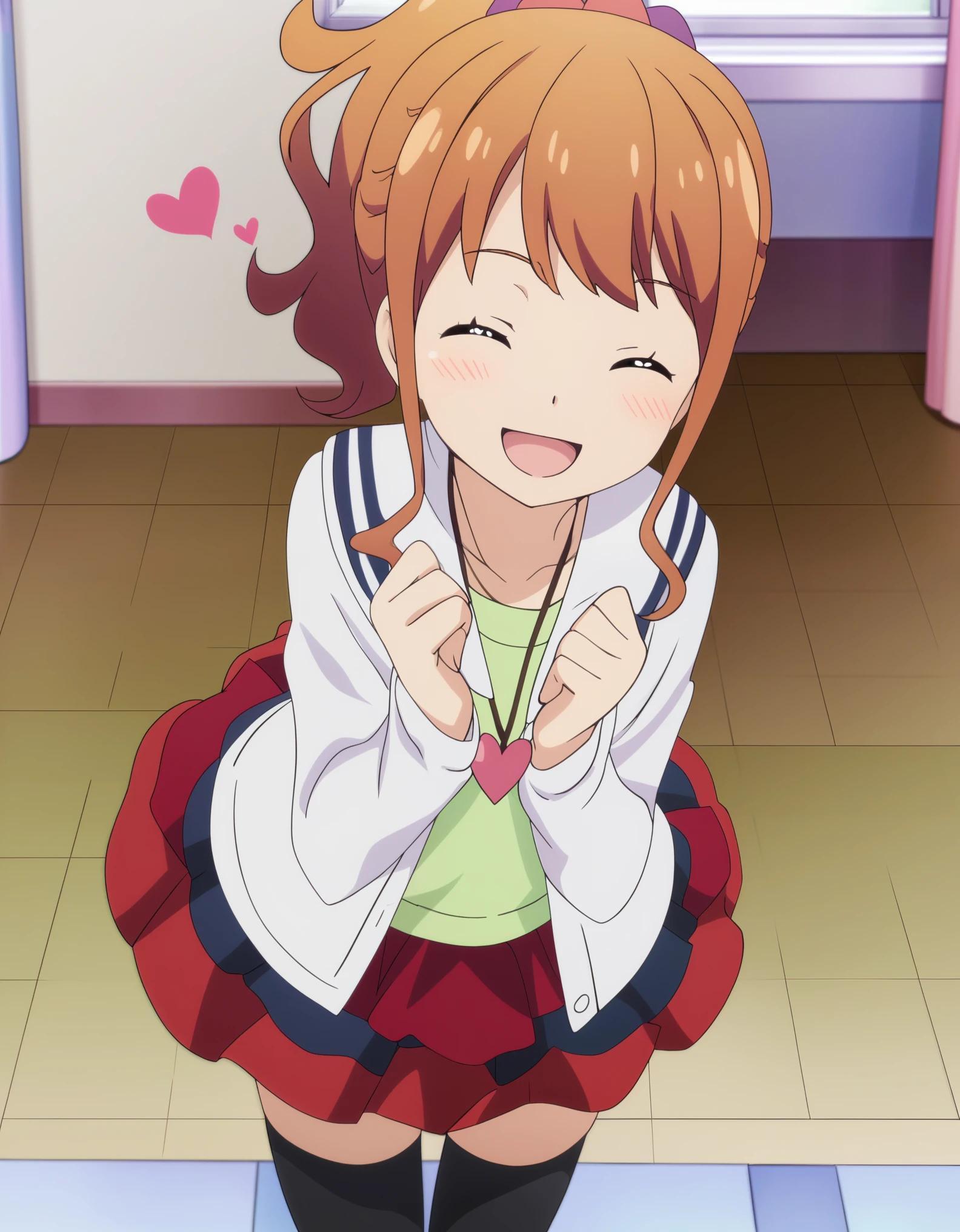 Megumi Jinno, 1girl, solo, blush, open_mouth, skirt, thighhighs, ribbon, jewelry, heart, solo_focus, black_thighhighs, necklace, zettai_ryouiki, red_skirt, heart_necklace, head tilt, upper body, smile, closed eyes,