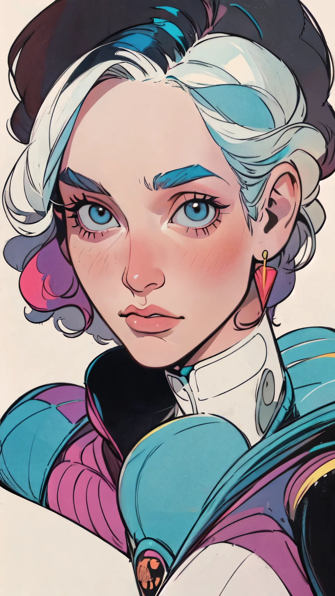 masterpiece,extremely beautiful woman,Excellent sense,(((perfect very white background))),American Comics,(((The Perfect One Woman))),(((one person))),colorful,Highly detailed perfect upper body,highly detailed face,near future,SF,