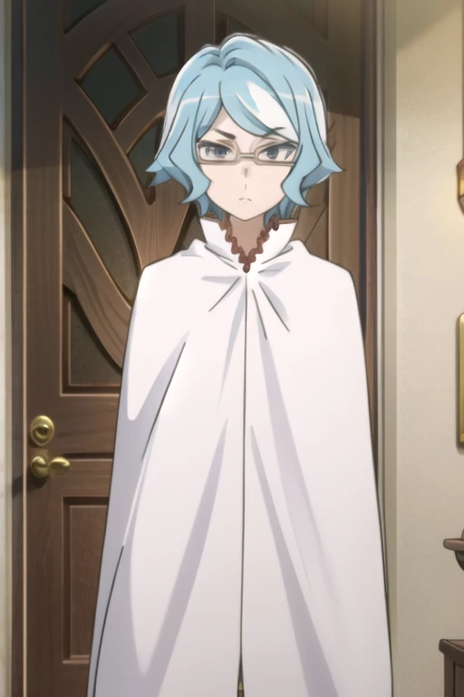 tall body, tall, long legs, mature female, mature, adult, eft_danmachi_blue, glasses, 1girl, female focus, solo, upper body, looking at viewer, frown, blue hair, blue eyes, grey hair, parody, short hair, white cape, closed mouth, expressionless, anime coloring
