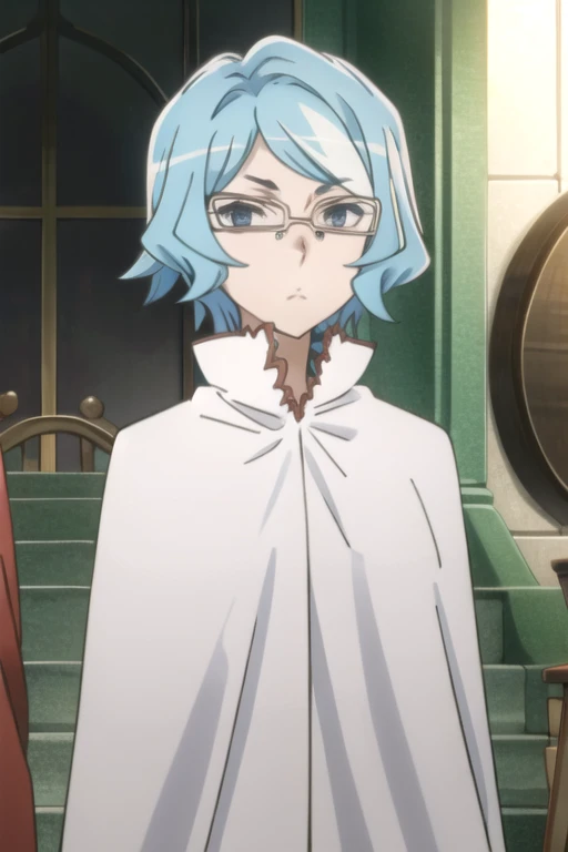 tall body, tall, long legs, mature female, mature, adult, eft_danmachi_blue, glasses, 1girl, female focus, solo, upper body, looking at viewer, frown, blue hair, blue eyes, grey hair, parody, short hair, white cape, closed mouth, expressionless, anime coloring