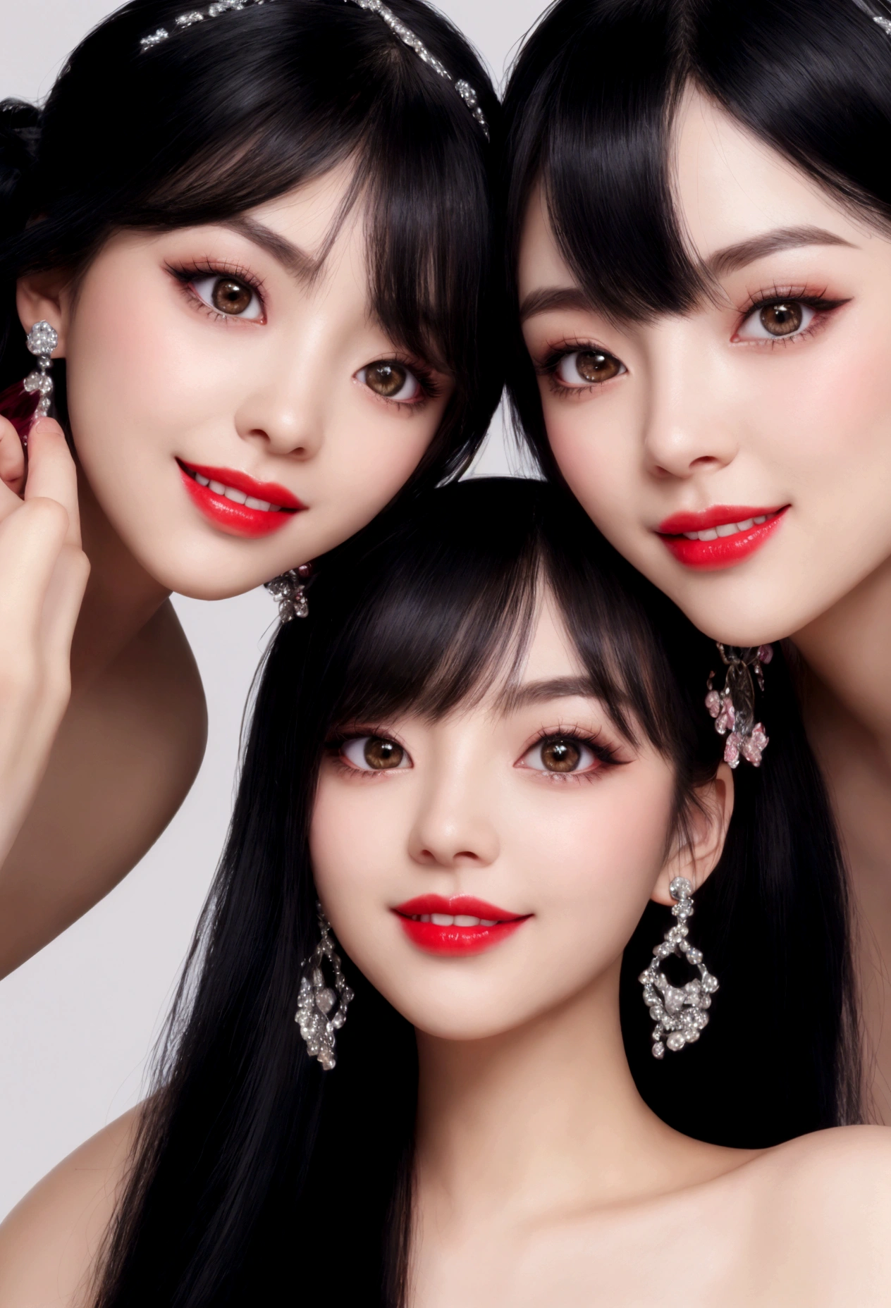 black hair, hair bobbles, longeyelashes, solid circle eyes, light smile, ccurate, black hair, long hair, hair over shoulder, ponytail, halo, hair ribbon, jewelry, hair bobbles, black hairband, hollow eyes, eyebrows behind hair, wide-eyed, pupils sparkling, longeyelashes, earrings, makeup, light smile, closed mouth, smiley, red lips, Surrealism, drop shadow, anaglyph, stereogram, tachi-e, pov, atmospheric perspective, tachi-e, first-person view, Nikon, 8k, super detail, best quality