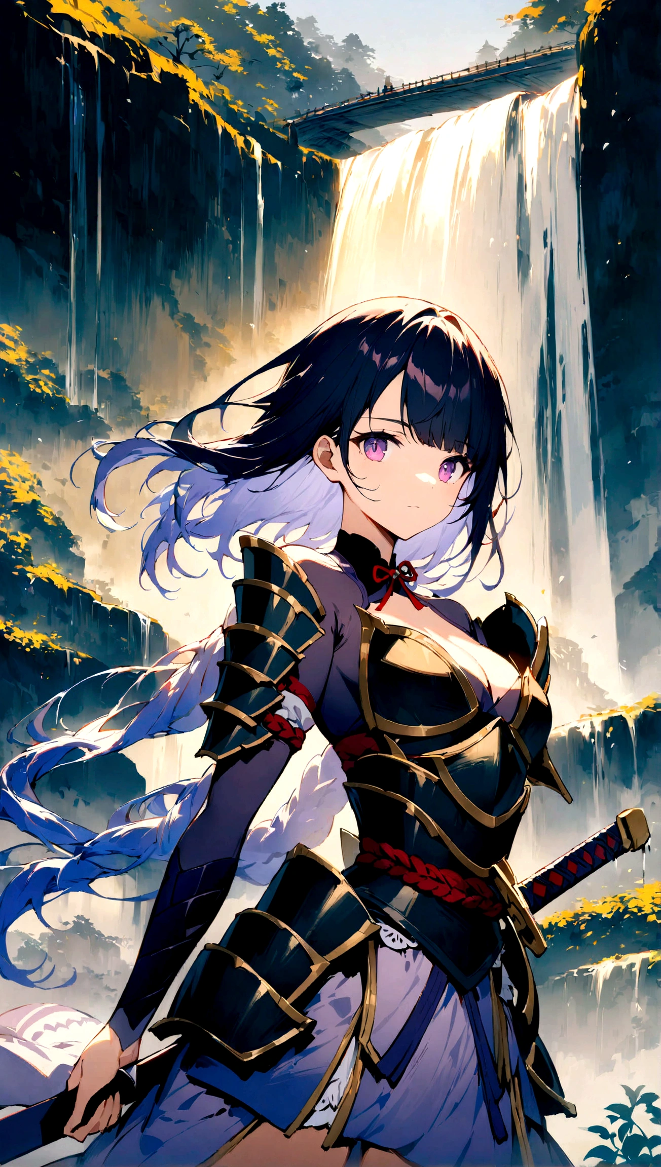 2girl,sidebyside,1longhair,1shorthair,holding sword,sword,shogun armor,japan,gradient hair,glowing hair,beautifull face,looking at viewer,midle of waterfall bridge background,waterfall,bridge, (masterpiece), (best quality), (ultra-detailed), very aesthetic, illustration, disheveled hair, perfect composition, moist skin, intricate details, concept art, digital artwork, illustrative, painterly, matte painting, highly detailed