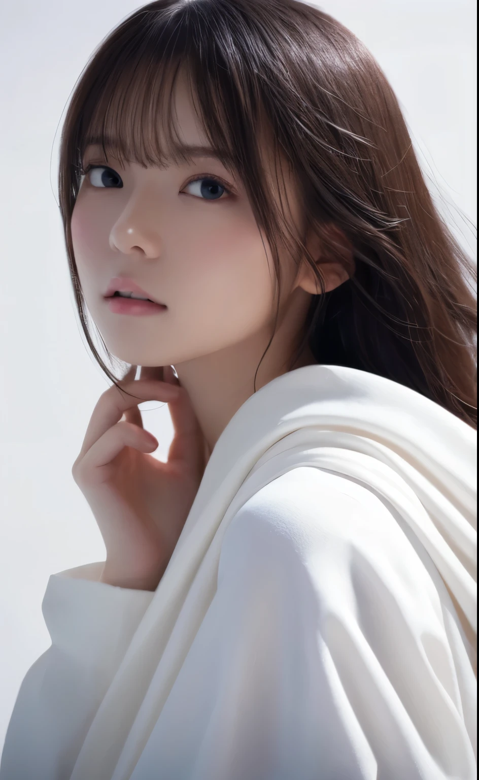 masutepiece, Best Quality, Illustration, Ultra-detailed, finely detail, hight resolution, 8K Wallpaper, Perfect dynamic composition, blazing, No Makeup Face, Clarity Skin, Beautiful detailed eyes, White cloth, Sexy face, (Open mouth:0.8), Dazzling white light background