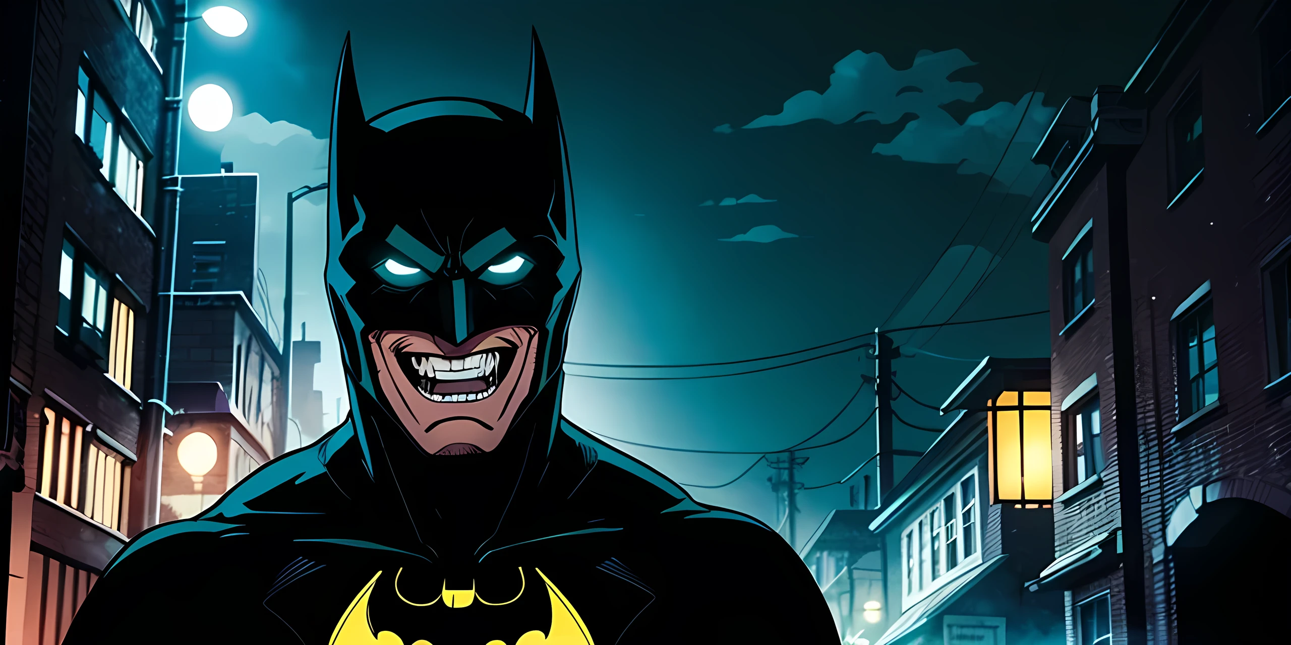 batman, closup face, dark shadowy figure, creepy laugh, scary, gotham city alley background, night time