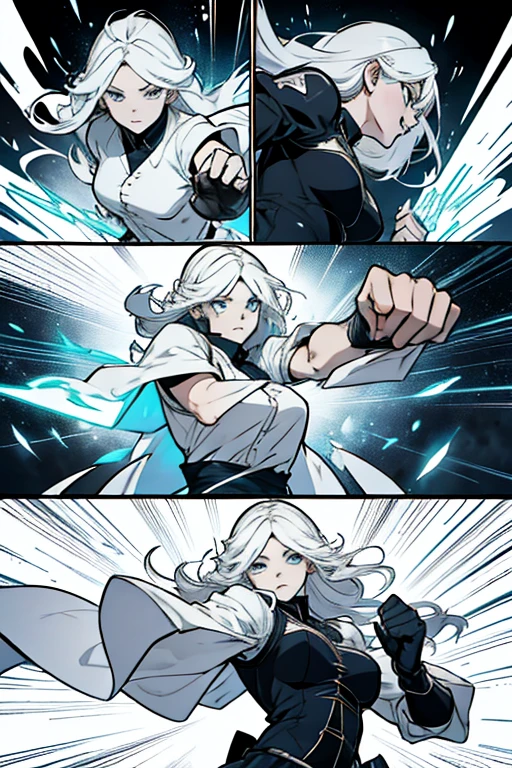 Girl with long white hair punching while using magic to fight, manga page with panels and dialogue