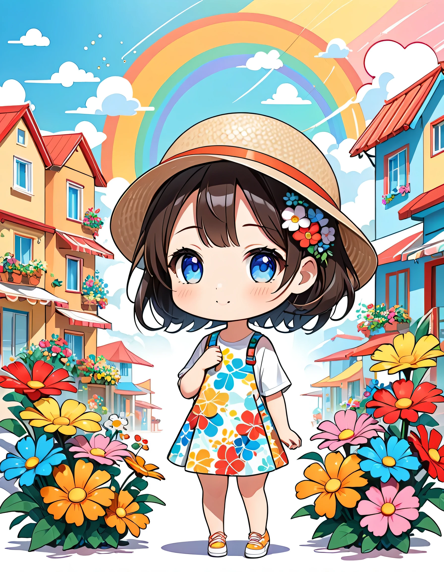 Fujichoco style, ，kawaii design, Simple Line Initialism，Abstract art， (((The most beautiful girl))), (((chibi))), summer vacation、Urban Background, colorful flowers, Dreams and Hopes