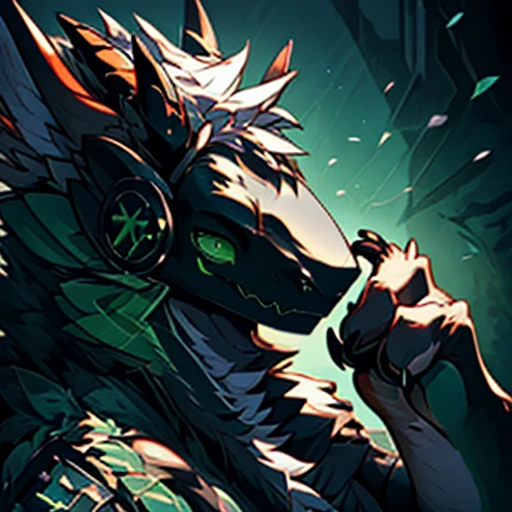 a young male anthropomorphic black and green dragon with a close-up sideways view, detailed eyes, nose, and mouth, white headphones with hearts, detailed scales, muscular build, claws, horns, fantasy creature, cryptid, anthropomorphic art, fursona, hyper detailed, 8k, photorealistic, dramatic lighting, cinematic