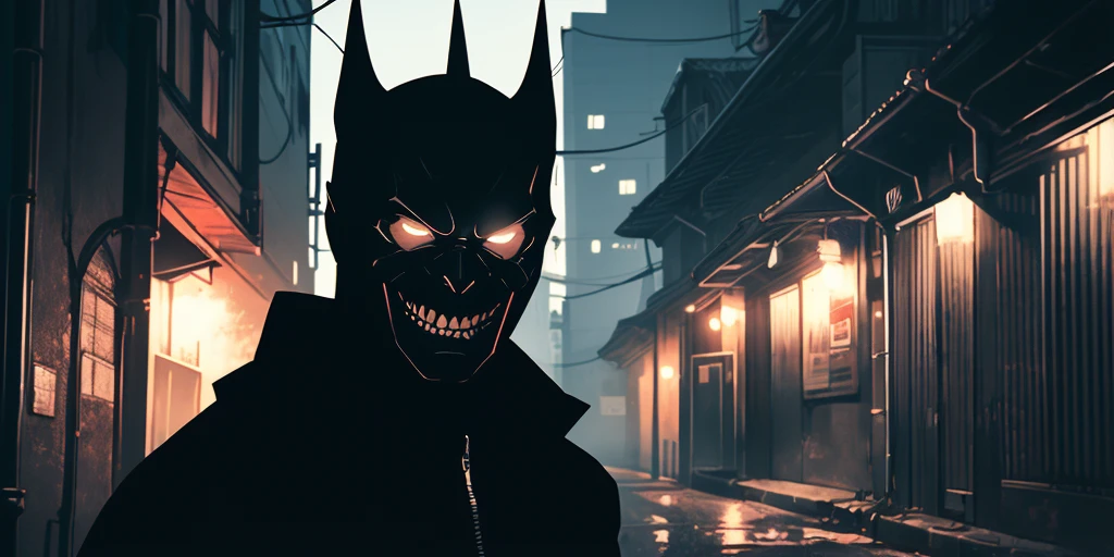 a dark shadowy figure of batman, closeup detailed face, creepy sinister laugh, in a dark alley of gotham city at night, (best quality,4k,8k,highres,masterpiece:1.2),ultra-detailed,(realistic,photorealistic,photo-realistic:1.37),dark moody lighting,dramatic chiaroscuro,cinematic composition,gritty urban setting,gothic architecture,wet asphalt ground,neon signs,dramatic shadows,ominous atmosphere