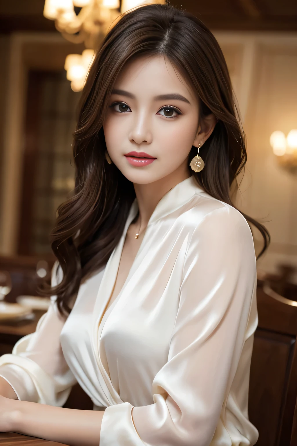 masterpiece, highest quality, Realistic, Very detailed, Finer details, High resolution, 8k wallpaper, One beautiful woman, Wear an elegant silk blouse, In a great restaurant, At night, Light brown messy hair, Perfect dynamic composition, Beautiful and beautiful eyes、Big earrings、