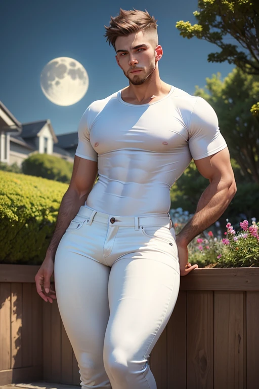 A young man, having long legs, thick thighs, large hips, thin and narrow weist, big large feminine breasts, wearing white jeans and formal t-shirt , very small spikey boyish haircut, big male reproductive organs, penis bulge, beard, man, man, very wide hips , wide hips thin and narrow weist, small upper body , moon night, flower, garden