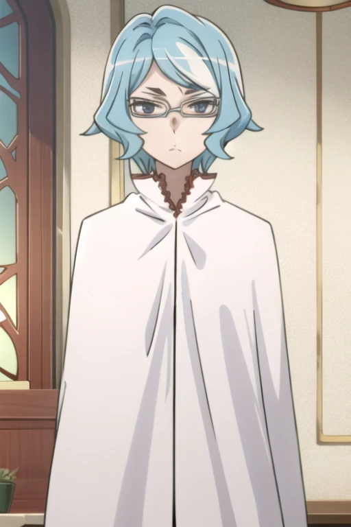 tall body, tall, long legs, mature female, mature, adult, eft_danmachi_blue, glasses, 1girl, female focus, solo, upper body, looking at viewer, frown, blue hair, blue eyes, grey hair, parody, short hair, white cape, closed mouth, expressionless, anime coloring