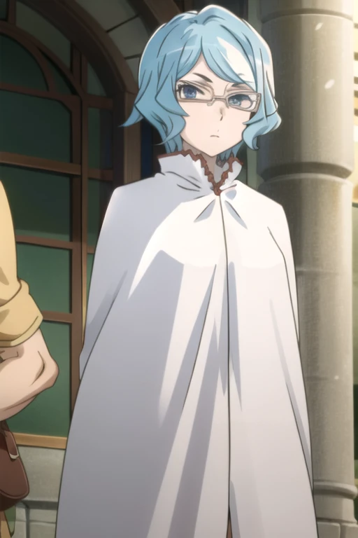 tall body, tall, long legs, mature female, mature, adult, eft_danmachi_blue, glasses, 1girl, female focus, solo, upper body, looking at viewer, frown, blue hair, blue eyes, grey hair, parody, short hair, white cape, closed mouth, expressionless, anime coloring