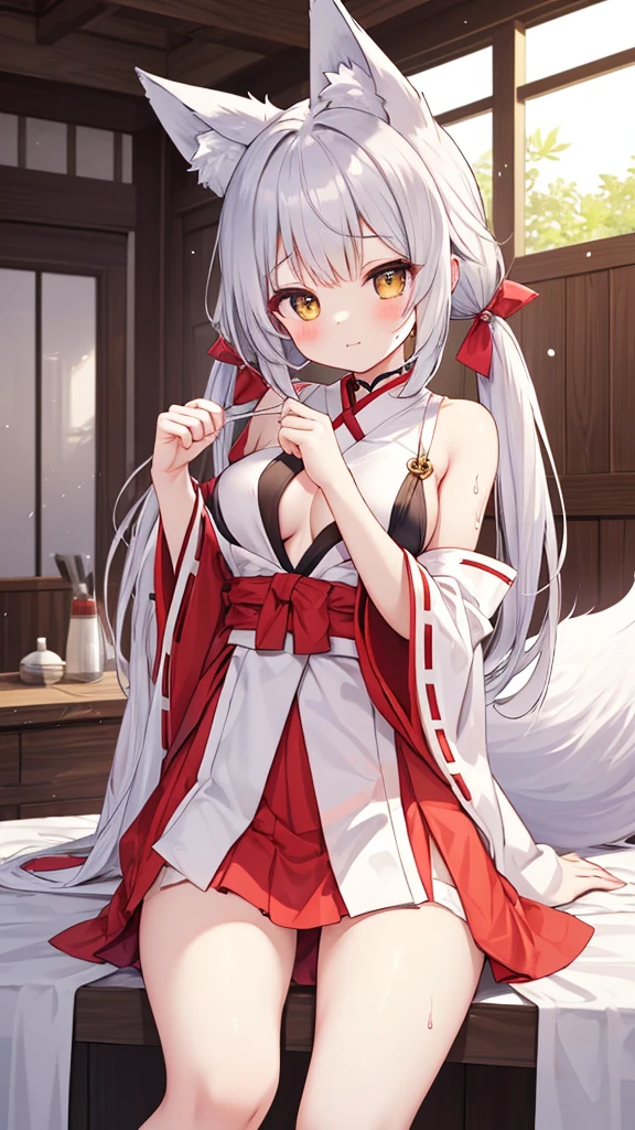 Miko costume、Her clothes are in disarray and one of her breasts is visible.、No underwear、No bra、Skirt flipped up、close-ups、Wet pussy。Beautiful girl with twin tails、Silver Hair、Young Girl、Small breasts、Masterpiece、highest quality。Highest quality、Fox ears、Fox Tail、Nine-tailed Fox、Shifting clothes by hand、