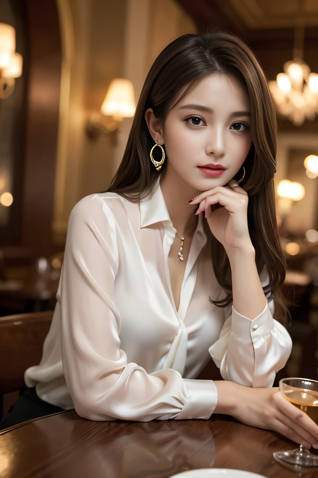 masterpiece, highest quality, Realistic, Very detailed, Finer details, High resolution, 8k wallpaper, One beautiful woman, Wear an elegant silk blouse, In a great restaurant, At night, Light brown messy hair, Perfect dynamic composition, Beautiful and beautiful eyes、Big earrings、