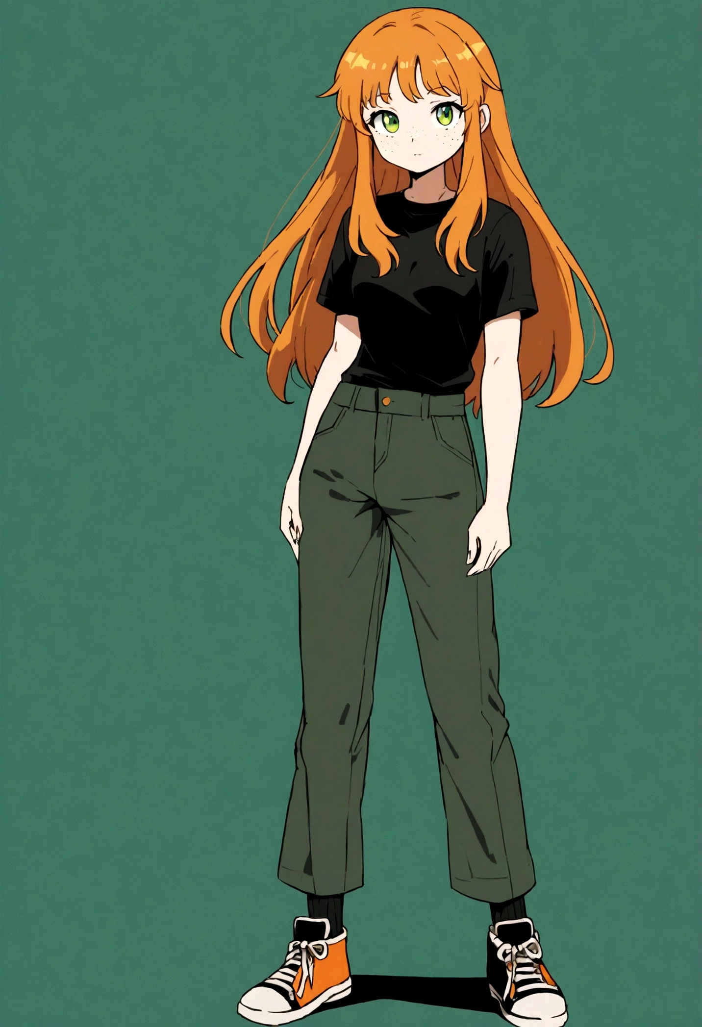old woman, very beautiful, character design, high quality, orange hair, freckles on the face, green eye color, beautiful eyes, beautiful face, full body, straight look, black t-shirt, dark jean green, t-shirt under pants, dark green sneakers, fine orange hair, long hair, black t-shirt, green eyes, single person, anime style, manga style, single character