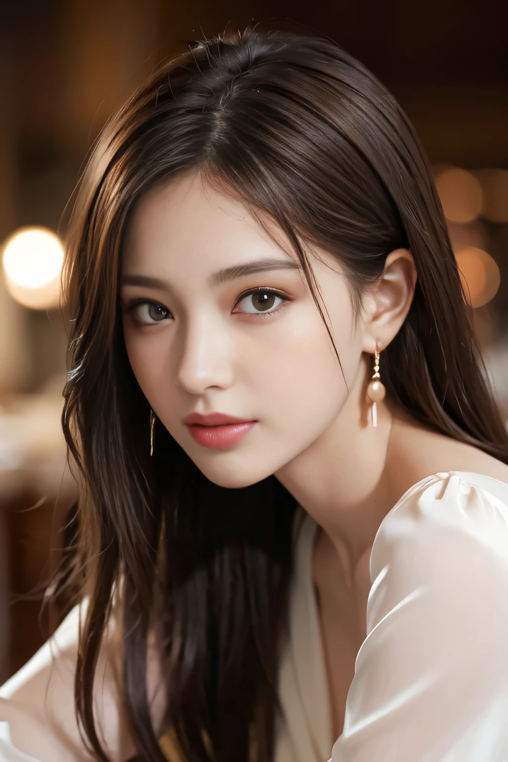 masterpiece, highest quality, Realistic, Very detailed, Finer details, High resolution, 8k wallpaper, One beautiful woman, Wear an elegant silk blouse, In a great restaurant, At night, Light brown messy hair, Perfect dynamic composition, Beautiful and beautiful eyes、Big earrings、