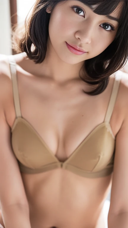(Best Quality, hight resolution, Ultra-detailed),(Japan girl in small beige sheer bra), It is characterized by slightly drooping and fine eyes,pronounced breasts,No cleavage、A slightly smiling look,Short layered hairstyles,Slender waist and curvy hips、