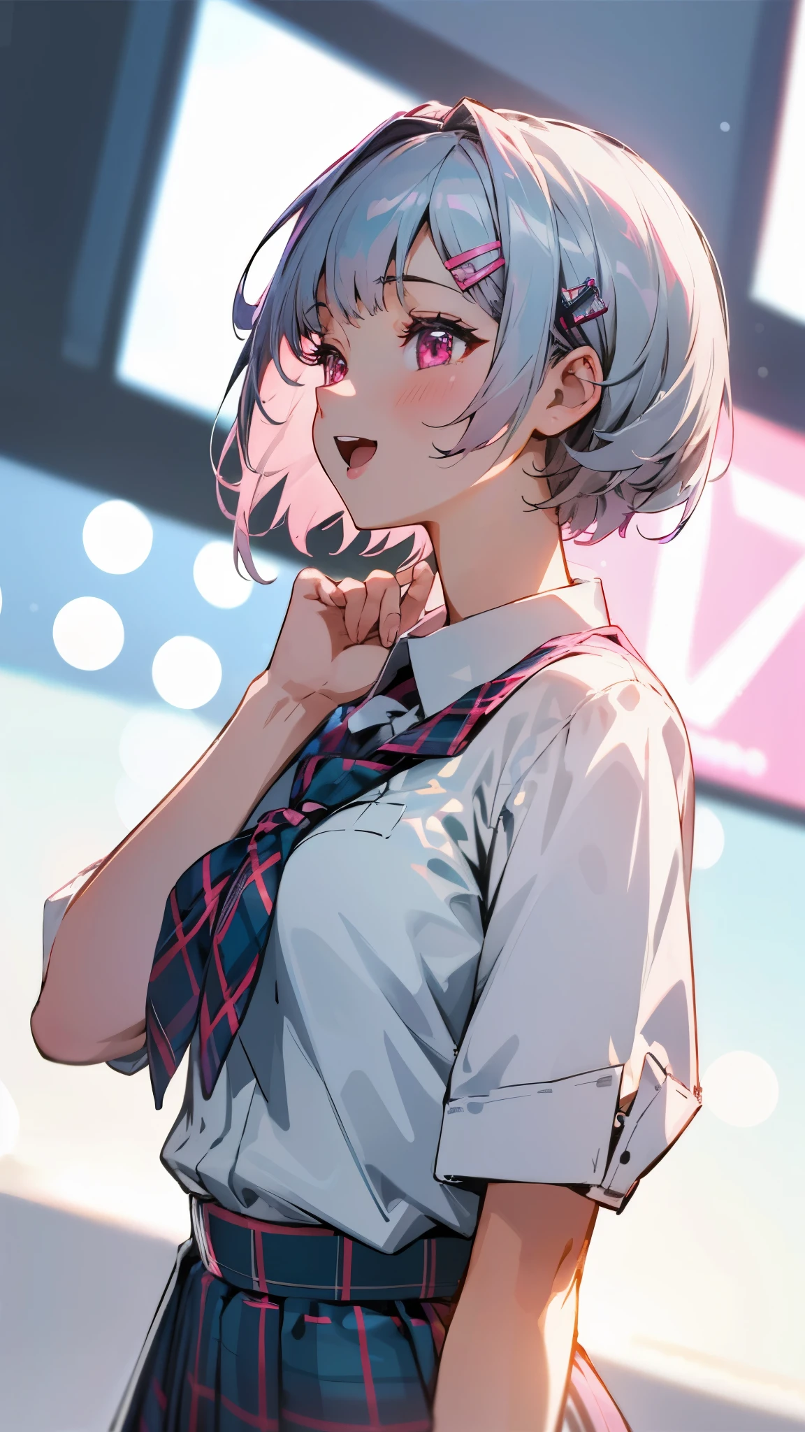 1 girl、8k、Sharp focus、(Bokeh) (highest quality) (Detailed skin:1.3) (Intricate details) (anime)、Silver short hair and bob hair、Tie your hair up with a hair clip、Pink Eyes、white blouse shirt、Tartan Check Skirt、profile、Upper body close-up、smile、Please open your mouth wide、After school classes