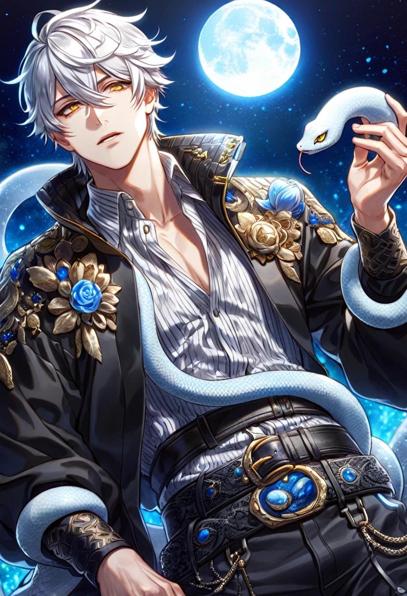 absurdres, highres, ultra detailed, HDR, master piece, best quality, Snake, white hair, hair between the eyes, expressive yellow eyes, kuroshitsuji, solo, sexy man, handsome, high-collared black jacket with baggy sleeves, a striped black-and-white shirt under his jacket, which was cinched at the waist and neck with two belts in each location, blue moon, starry, blue fireflies, blue flowers, magical, fantasy