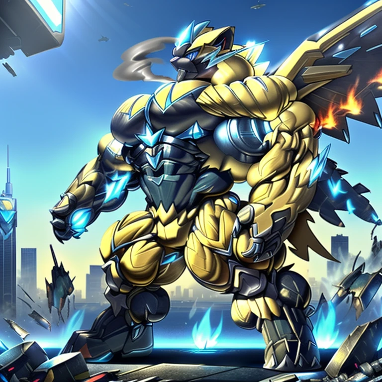 (dominating zeraora. Zeraora is over 1000 meters long. giant mechanical Muscular Zeraora is trampling the city. Looking down. macro. stomp) 
(smoke and flames rising from the destruction in the city)

Additional details 1: (masterpiece. official art. 8k. best quality) (high-tech bio-mecha armor. real texture material. whole body shines like metal. Wearing cyberpunk mecha. emphasizes the muscles. suit fully made of metal. intricate armor. Robotic suit. suit fully made of metal. cyborg. Powered exoskeleton with the same design as Zeraora). 

Additional details 2: (gigantic muscles. HYPER MUSCLES. Gigachad Muscular. big muscle. pecs. triceps. traps. unusually developed muscular body. body full of huge muscles. showing off muscles. pectorales enormes. Exaggeratedly huge muscles.). 

Additional details 3: (Spread wings. It has wings. have big wings. golden wings). 

Additional details 4: (giant zeraora. Zeraora's giant robot. ). gundam.