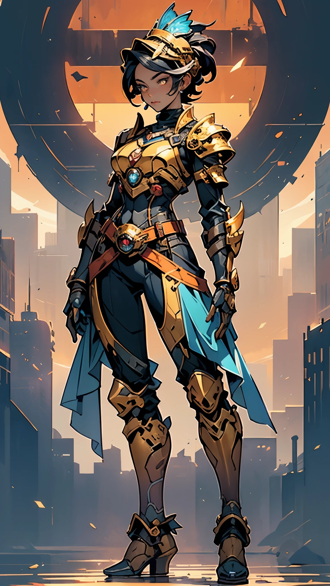 A woman adorned in fantasy-style full-body armor, a crown-concept fully enclosed helmet that unveils only her eyes, a composite layered chest plate, fully encompassing shoulder and hand guards, a lightweight waist armor, form-fitting shin guards, the overall design is heavy-duty yet flexible, (the armor gleams with a golden glow, complemented by red and blue accents), exhibiting a noble aura, she floats above a fantasy-surreal high-tech city, this character embodies a finely crafted fantasy-surreal style armored hero in anime style, exquisite and mature manga art style, (mixture of Queen bee and Spider concept Armor, plasma), ((Element, elegant, goddess, femminine:1.5)), metallic, high definition, best quality, highres, ultra-detailed, ultra-fine painting, extremely delicate, professional, anatomically correct, symmetrical face, extremely detailed eyes and face, high quality eyes, creativity, RAW photo, UHD, 32k, Natural light, cinematic lighting, masterpiece-anatomy-perfect, masterpiece:1.5