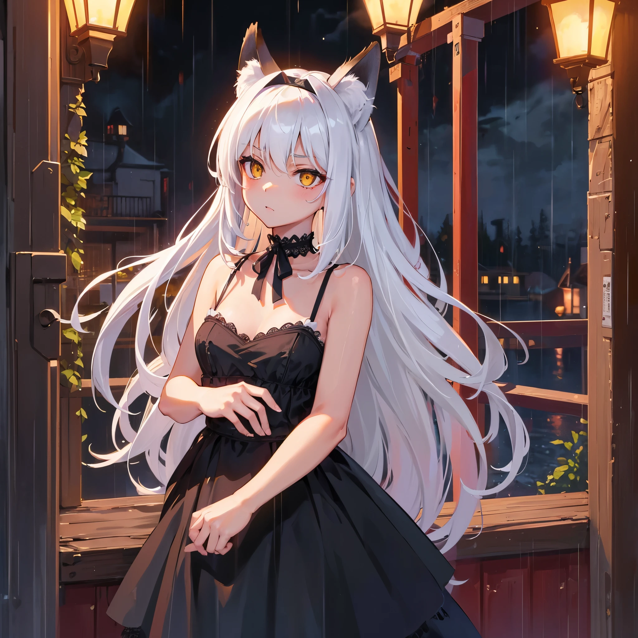 masterpiece, highest quality, Perfect Face, Highest Resolution, Highest quality,Detailed depiction of the eyes, foxy, 1 girl, young, slender body, small breasts, White Hair, Long Hair, one side braid grated, Big cat eyes, Yellow Eyes, Perfect Anatomy, temptation, provocative, Black ribbon choker, sleeveless black lace dress, lace hem, headpiece, Bare arms, Near future, Red Light District, Late Night, rain