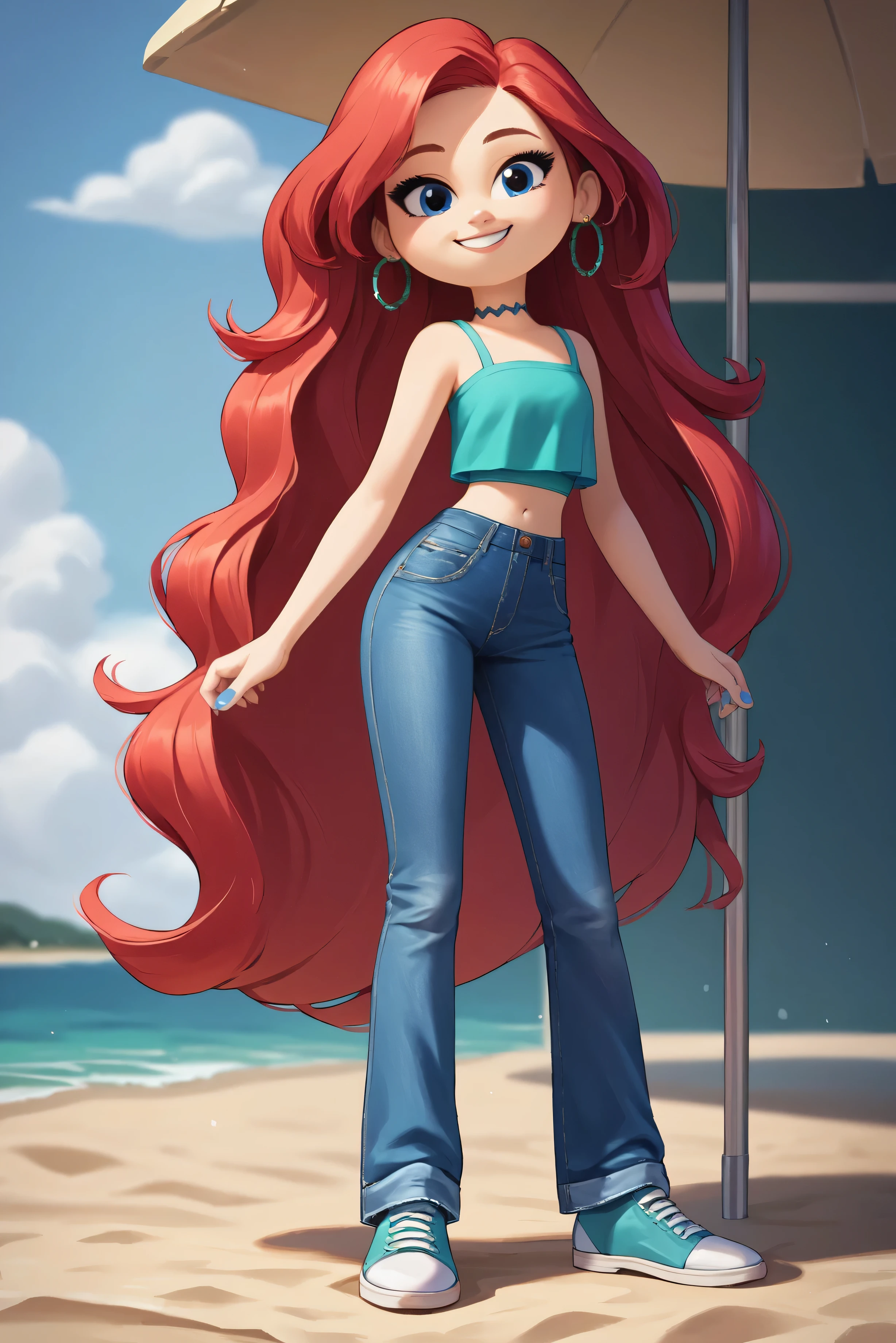 masterpiece,best quality, highly detailed, score_9, score_8_up, score_7_up, score_6_up,source_anime, BREAK chelsea, 1girl, midriff, upper body, choker, smile, jewelry, very long hair, standing, red hair, earrings, shoes, pants, blue eyes, white-skinned female, aqua ruffle crop top, denim, blue nails, jeans, hoop earrings, blue pants, beach background,