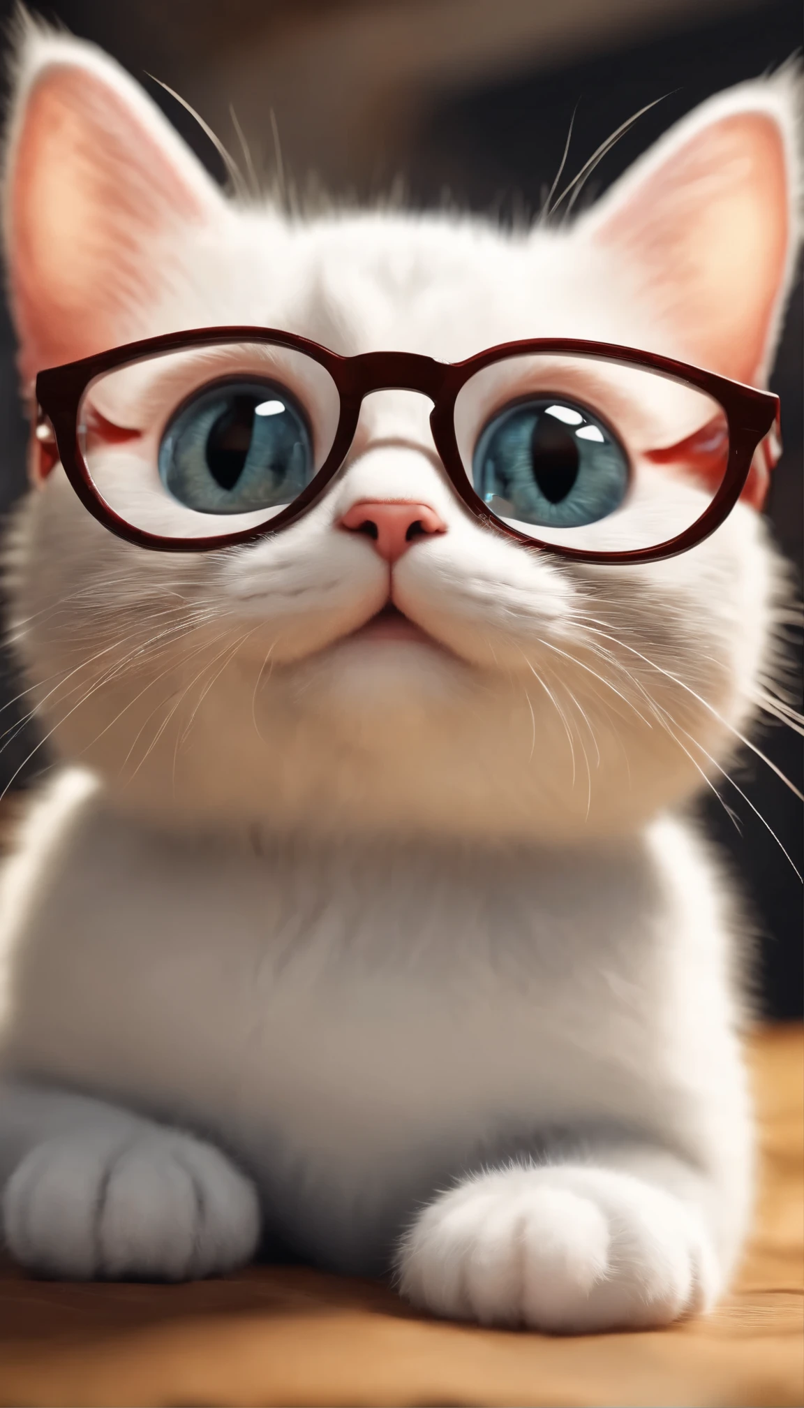 (best quality,4k,8k,highres,masterpiece:1.2),ultra-detailed,(realistic,photorealistic,photo-realistic:1.37),small cute kitty wearing thick lens glasses,small pop art,cartoon,farm background