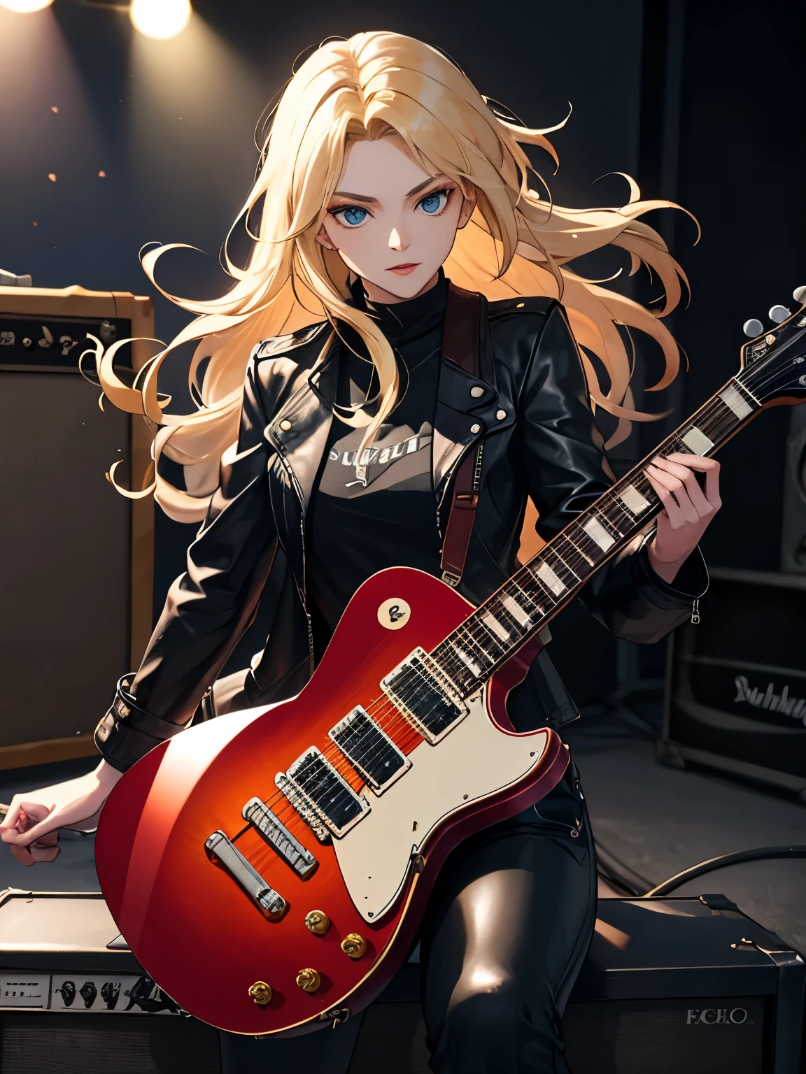 High-quality picture, masterpiece, 4k, animated beauty, long blonde hair, hair dancing in the wind, rock girl, rider's jacket, leather trousers, holding Les Paul guitar, colourful make-up, sitting on guitar amp. Outdoor stage.