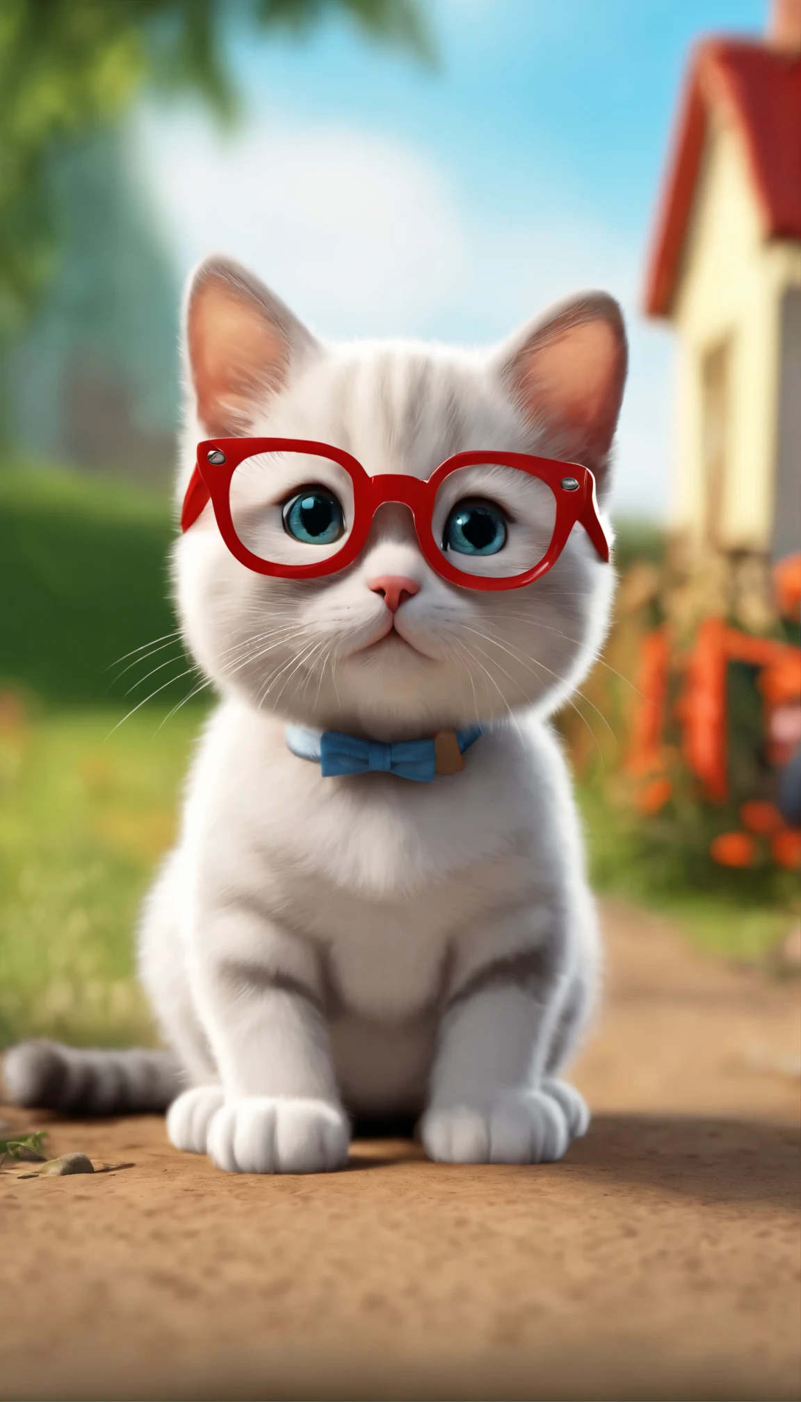 (best quality,4k,8k,highres,masterpiece:1.2),ultra-detailed,(realistic,photorealistic,photo-realistic:1.37),small cute kitty wearing thick lens glasses,small pop art,cartoon,farm background