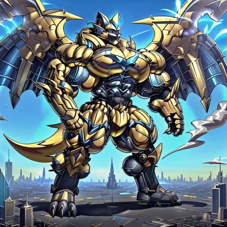 (dominating zeraora. Zeraora is over 1000 meters long. giant mechanical Muscular Zeraora is trampling the city. Looking down. macro. stomp) 
(smoke and flames rising from the destruction in the city)

Additional details 1: (masterpiece. official art. 8k. best quality) (high-tech bio-mecha armor. real texture material. whole body shines like metal. Wearing cyberpunk mecha. emphasizes the muscles. suit fully made of metal. intricate armor. Robotic suit. suit fully made of metal. cyborg. Powered exoskeleton with the same design as Zeraora). 

Additional details 2: (gigantic muscles. HYPER MUSCLES. Gigachad Muscular. big muscle. pecs. triceps. traps. unusually developed muscular body. body full of huge muscles. showing off muscles. pectorales enormes. Exaggeratedly huge muscles.). 

Additional details 3: (Spread wings. It has wings. have big wings. golden wings). 

Additional details 4: (giant zeraora. Zeraora's giant robot. ). gundam.