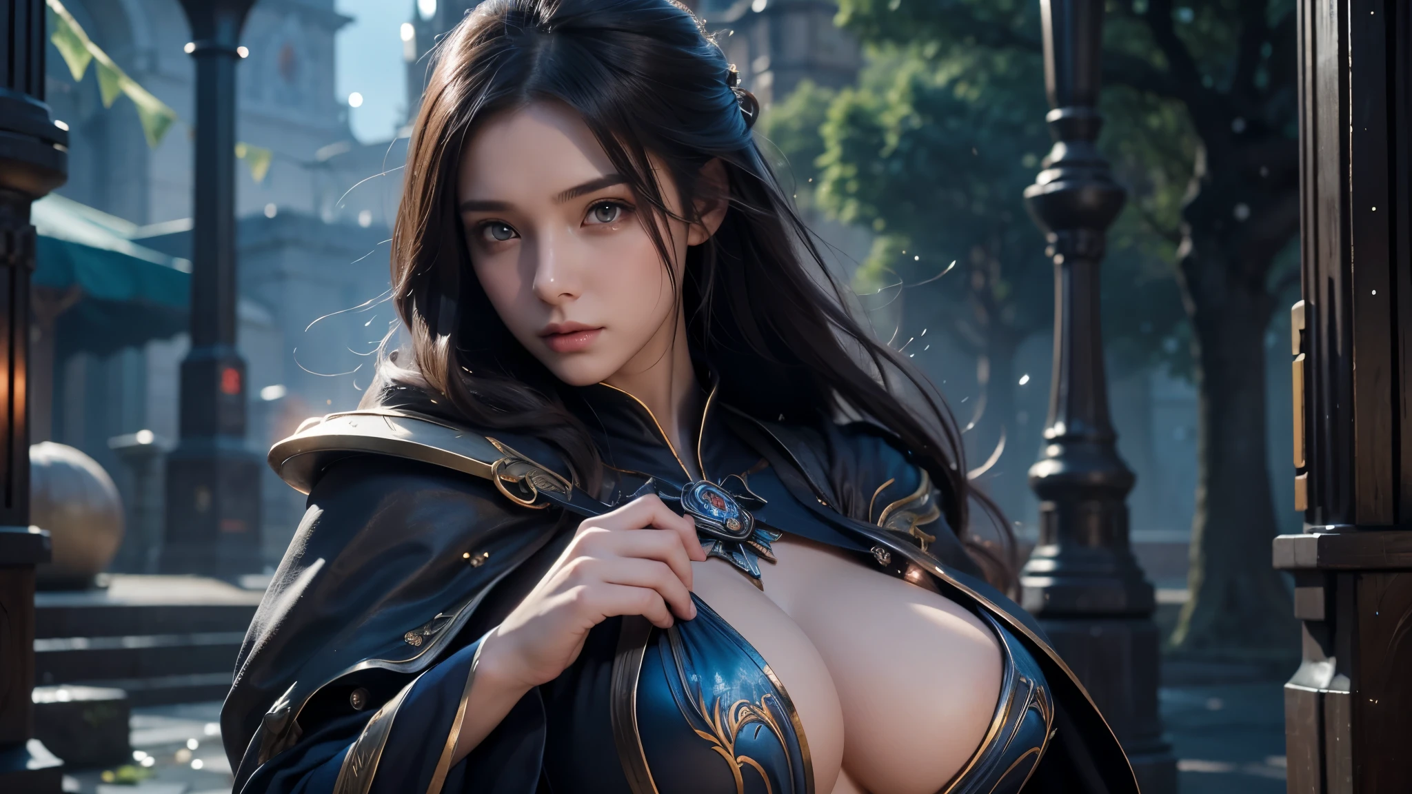 Close-up of female mage, Girl in robes, 2. 5D CGI anime fantasy artwork, Large Breasts,Epic fantasy digital art style, detailed Digital 2D fantasy art, Digital 2D fantasy art, Gorgeous female mage,Look at the camera,(glowing magic:1.7) Role Playing Game Character Art, beautiful female mage, Fantasy Character Art, Epic and beautiful character art, beautiful female mage,(Edinburgh Street:1.8),light rain,semi-body photography,Look at the camera