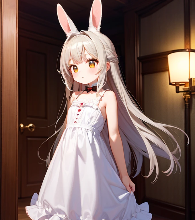 small girl, rabbit girl, cute look, ronded face, long dress, twilight