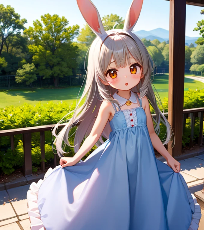  small girl, rabbit girl, cute look, ronded face, long dress, twilight