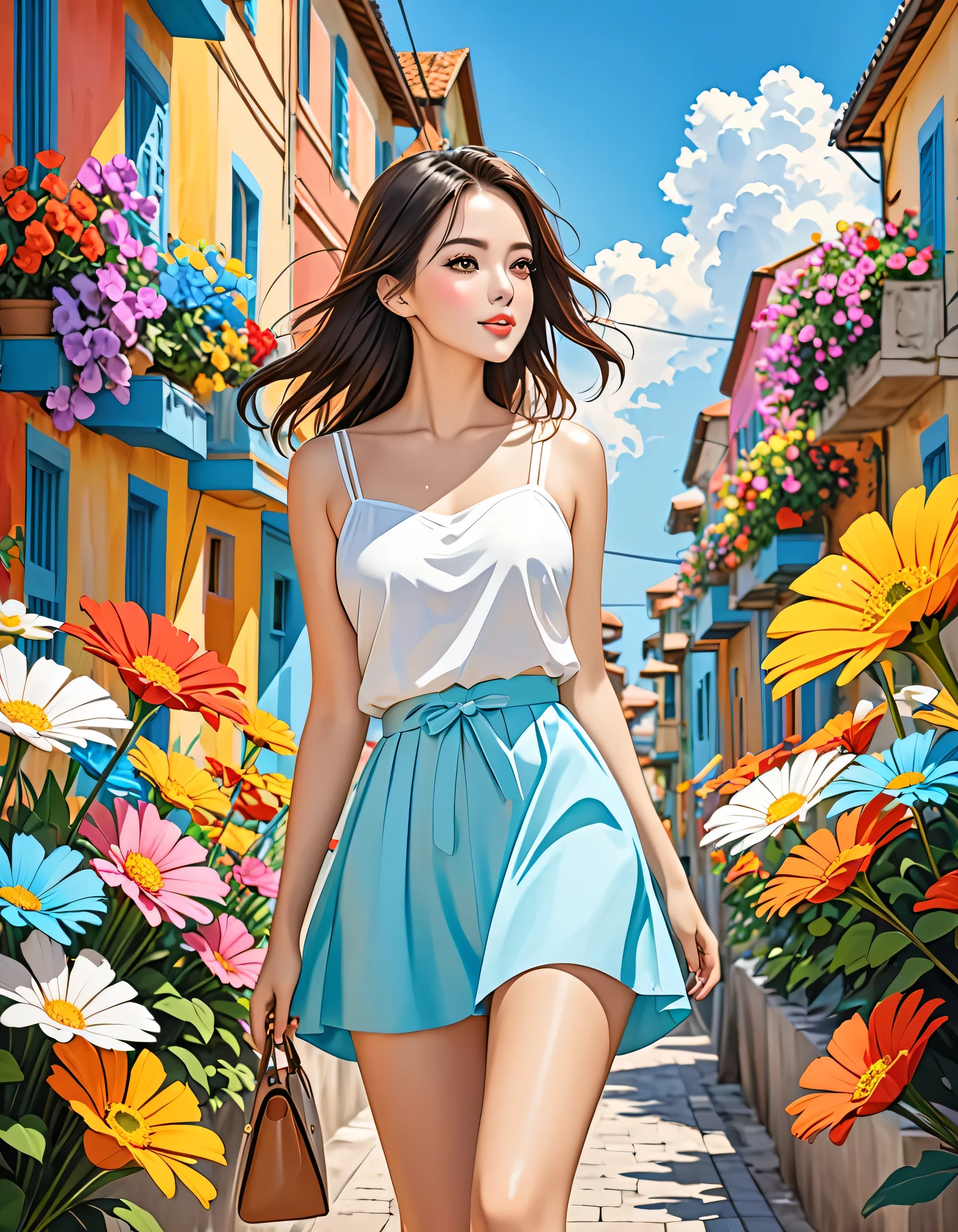 Fujichoco style, ,stylish design, Simple Line Initialism,Abstract art, (((The most beautiful girl))), summer vacation、Urban Background, colorful flowers, Dreams and Hopes