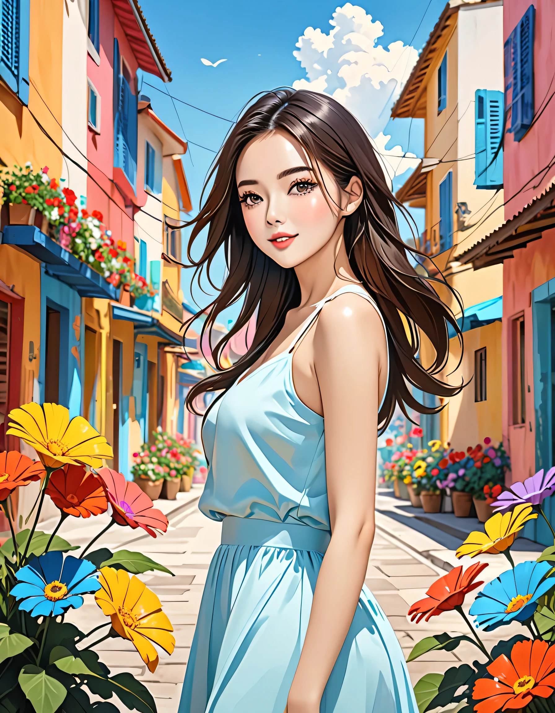 Fujichoco style, ,stylish design, Simple Line Initialism,Abstract art, (((The most beautiful girl))), summer vacation、Urban Background, colorful flowers, Dreams and Hopes