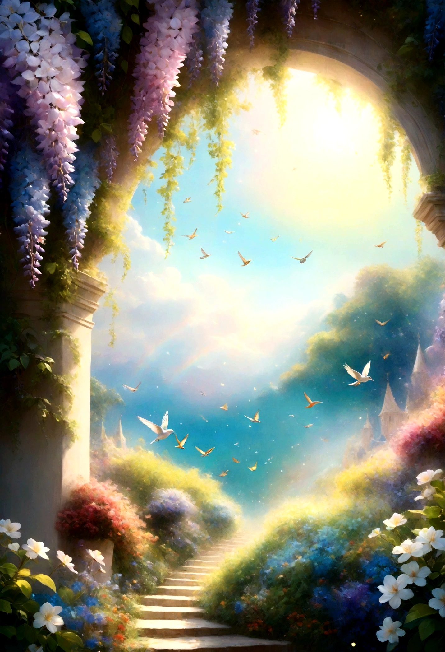 background is green-blue, everything is represented by jewels, spring arrival, various beautiful wisteria flowers, beautiful rainbow birds, beautiful birds
, angle looking up from below, various jewels falling from the sky, stunningly beautiful spectacular view, slightly hazy, wonderful, high res, 8k, (best quality, high res, realistic:1.37), glossy metallic flowers, intricate and delicate petals, reflective surfaces, vivid colors, intricate details, Close-up view, Surrealistic garden, Surrealistic beauty, Dreamlike atmosphere, Artwork, Abstract plants, Metallic sculpture, Contrasting textures, Ethereal glow