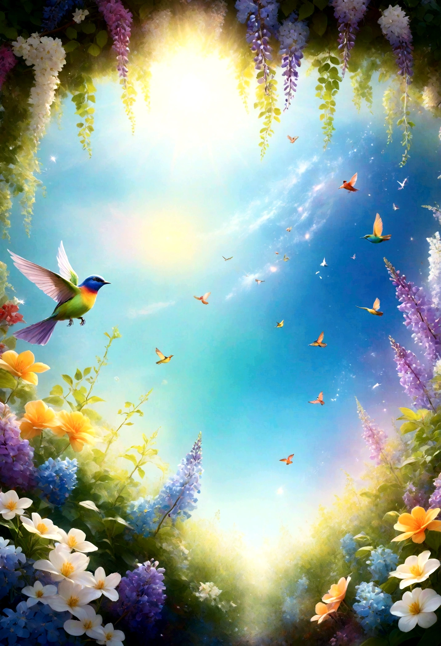 background is green-blue, everything is represented by jewels, spring arrival, various beautiful wisteria flowers, beautiful rainbow birds, beautiful birds
, angle looking up from below, various jewels falling from the sky, stunningly beautiful spectacular view, slightly hazy, wonderful, high res, 8k, (best quality, high res, realistic:1.37), glossy metallic flowers, intricate and delicate petals, reflective surfaces, vivid colors, intricate details, Close-up view, Surrealistic garden, Surrealistic beauty, Dreamlike atmosphere, Artwork, Abstract plants, Metallic sculpture, Contrasting textures, Ethereal glow